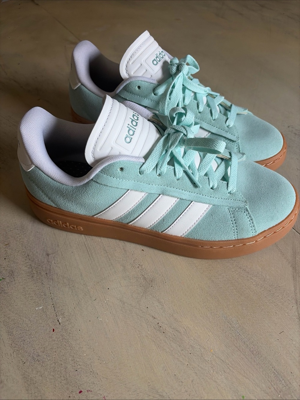 Womens Adidas Grand Court Alpha Suede Tennis Sneakers Size 8.5 ID8860 Aqua/Gum